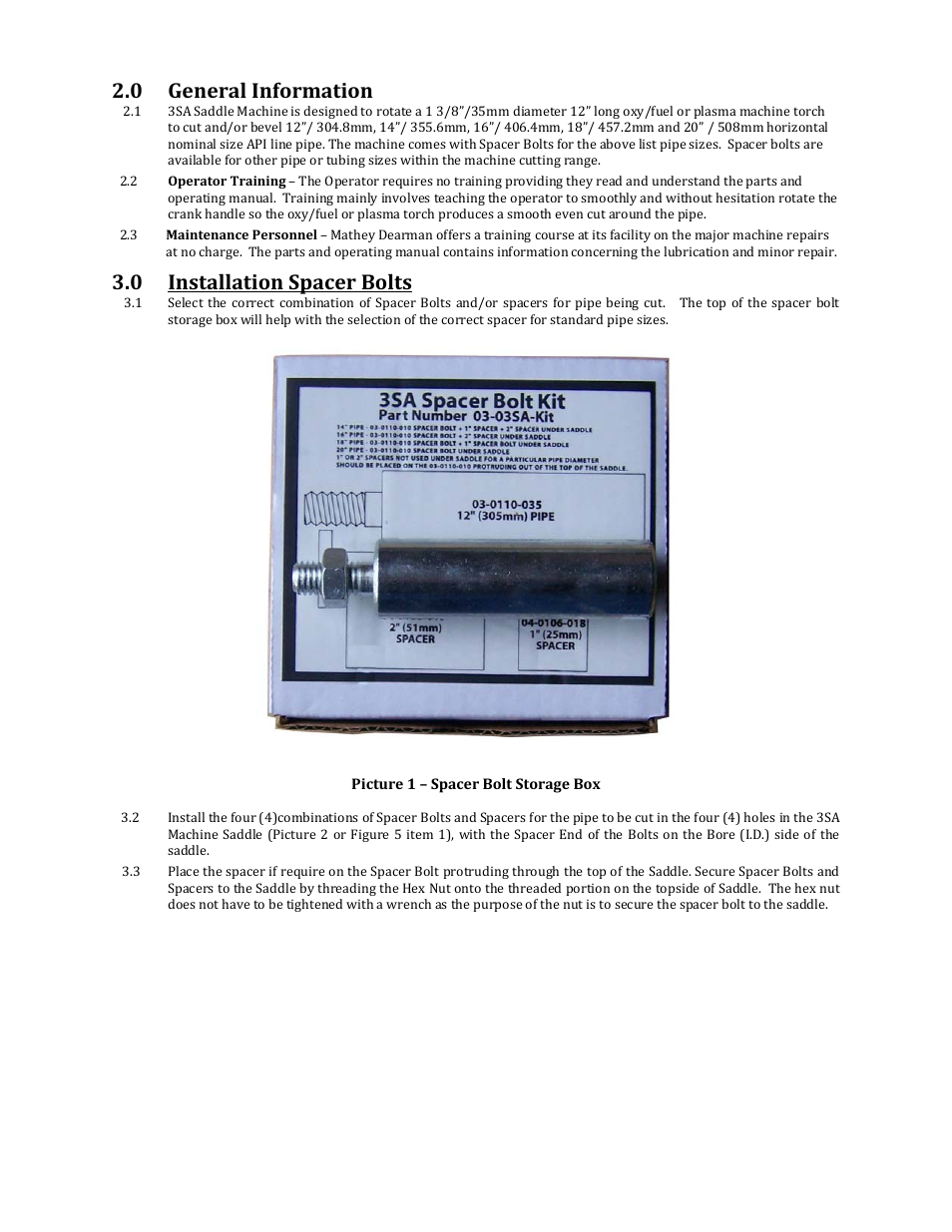 0 general information, 0 installation spacer bolts | Mathey Dearman 3SA Saddle Machine User Manual | Page 5 / 21