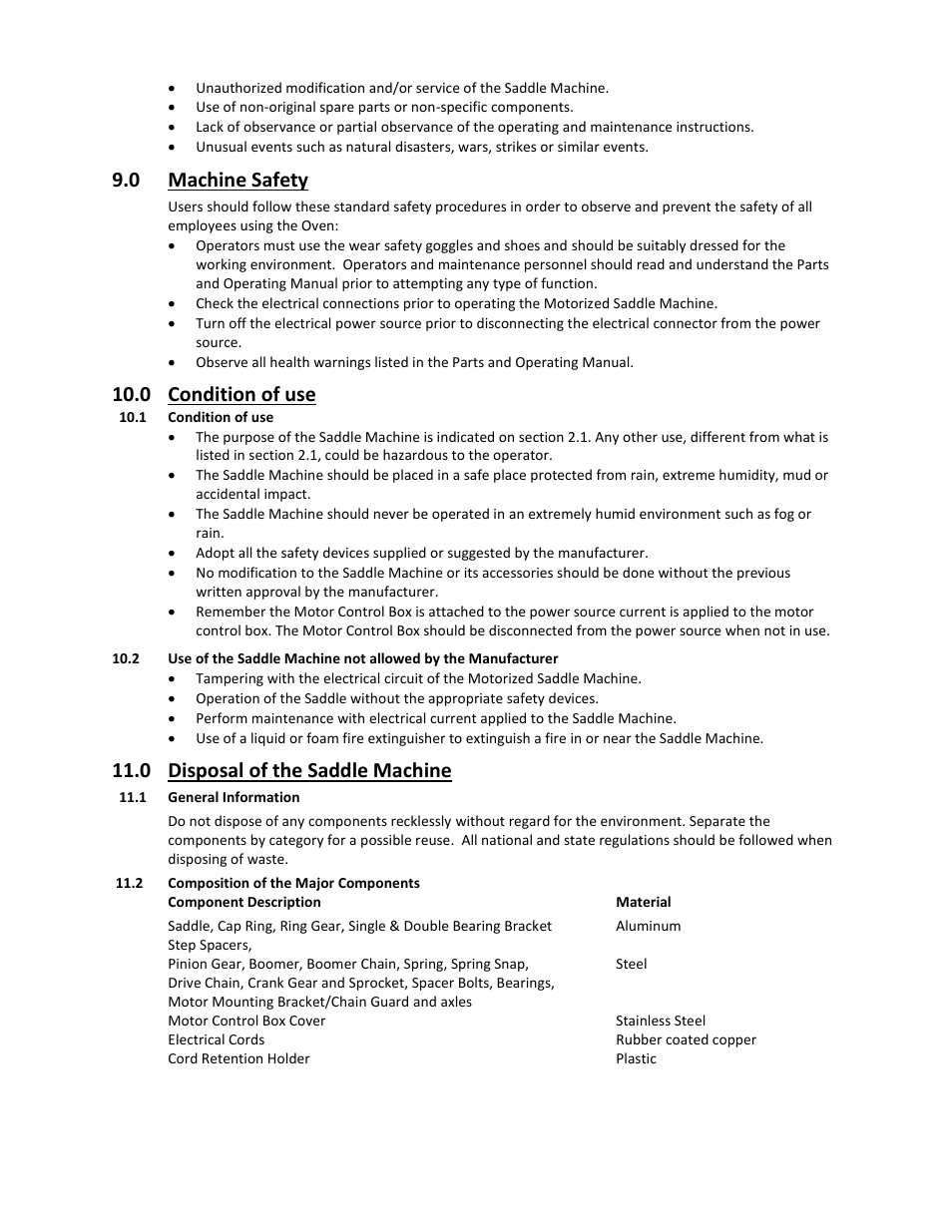 0 machine safety, 0 condition of use, 0 disposal of the saddle machine | Mathey Dearman 4SA Saddle Machine User Manual | Page 19 / 20