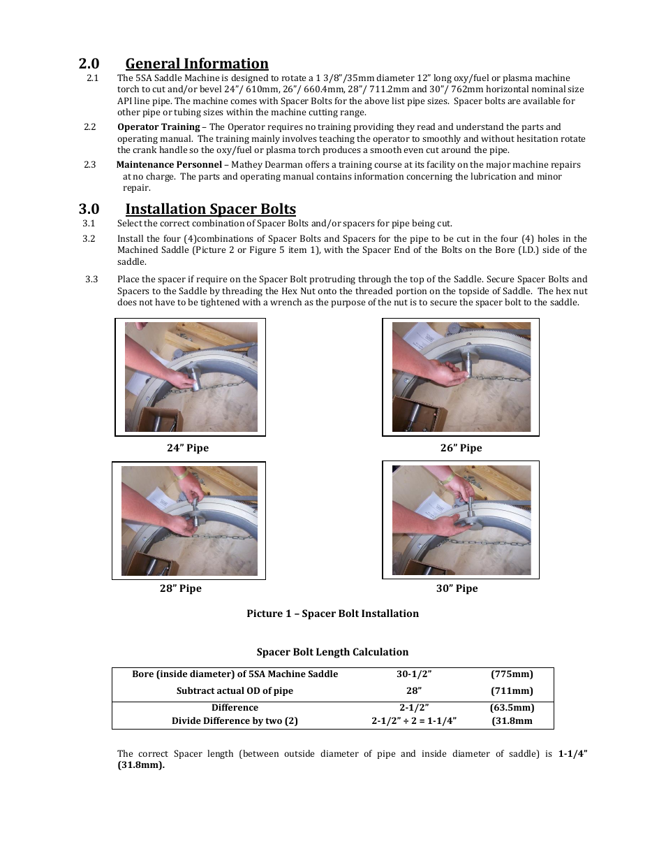 0 general information, 0 installation spacer bolts | Mathey Dearman 5SA Saddle Machine User Manual | Page 4 / 20