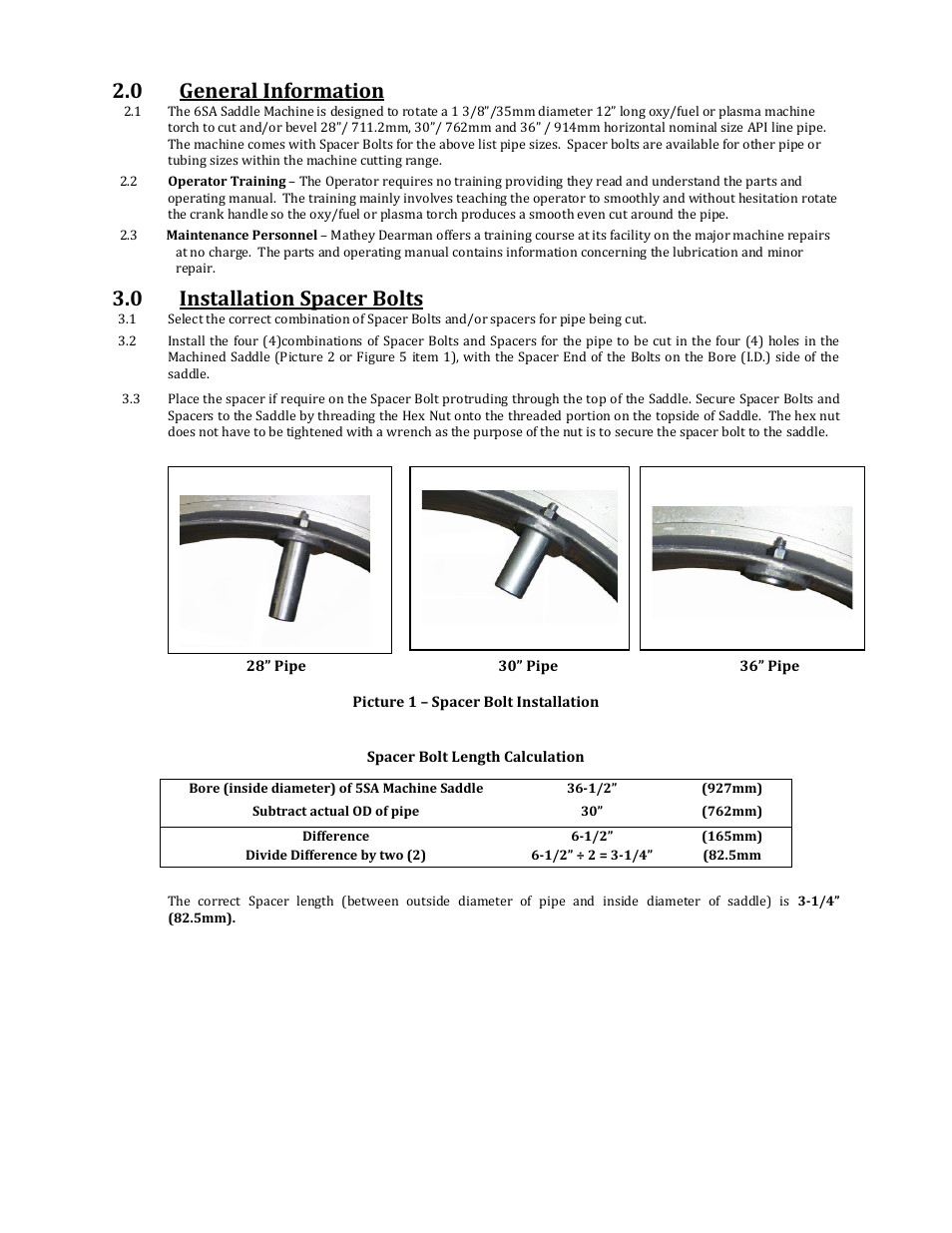 0 general information, 0 installation spacer bolts | Mathey Dearman 6SA Saddle Machine User Manual | Page 4 / 23