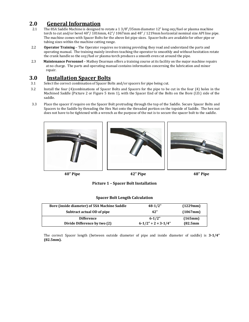 0 general information, 0 installation spacer bolts | Mathey Dearman 8SA Saddle Machine User Manual | Page 4 / 24