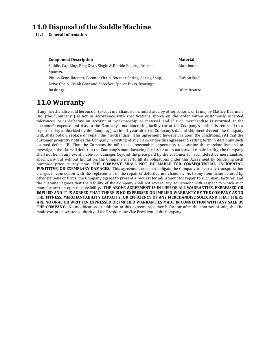 0 disposal of the saddle machine, 0 warranty | Mathey Dearman MSA Saddle Machine User Manual | Page 15 / 16