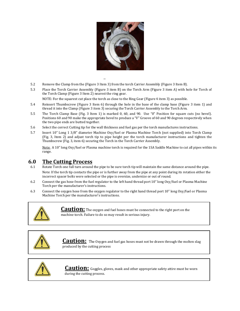 Caution, 0 the cutting process | Mathey Dearman MSA Saddle Machine User Manual | Page 8 / 16