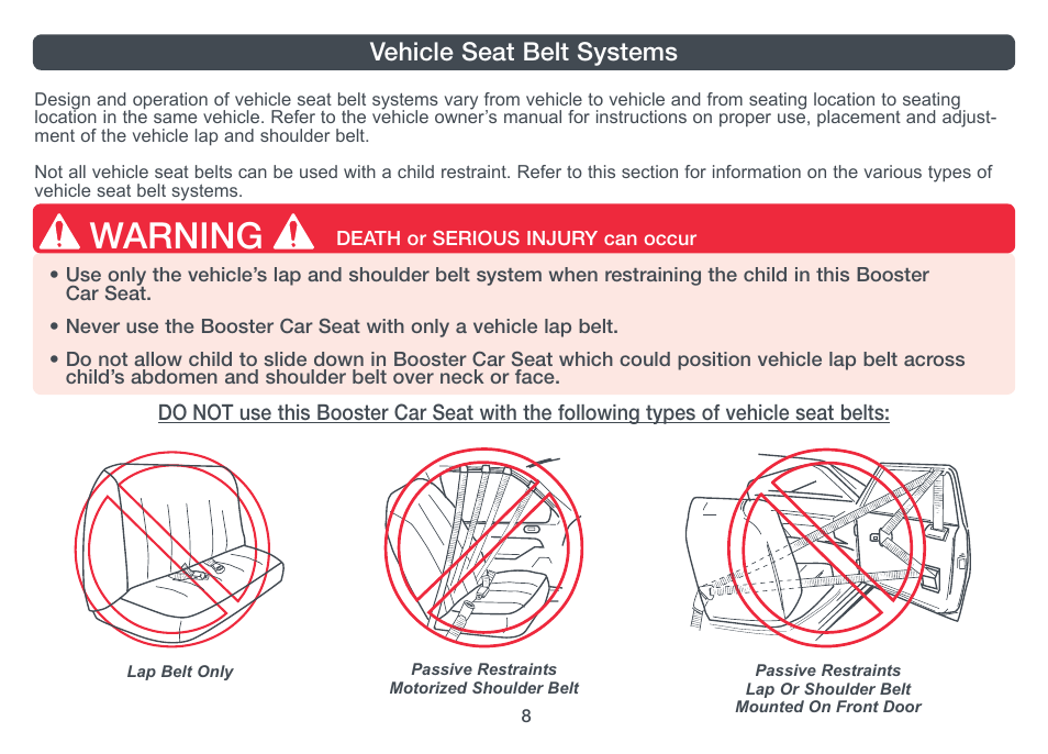 Warning, Vehicle seat belt systems | Combi 8820 User Manual | Page 9 / 17