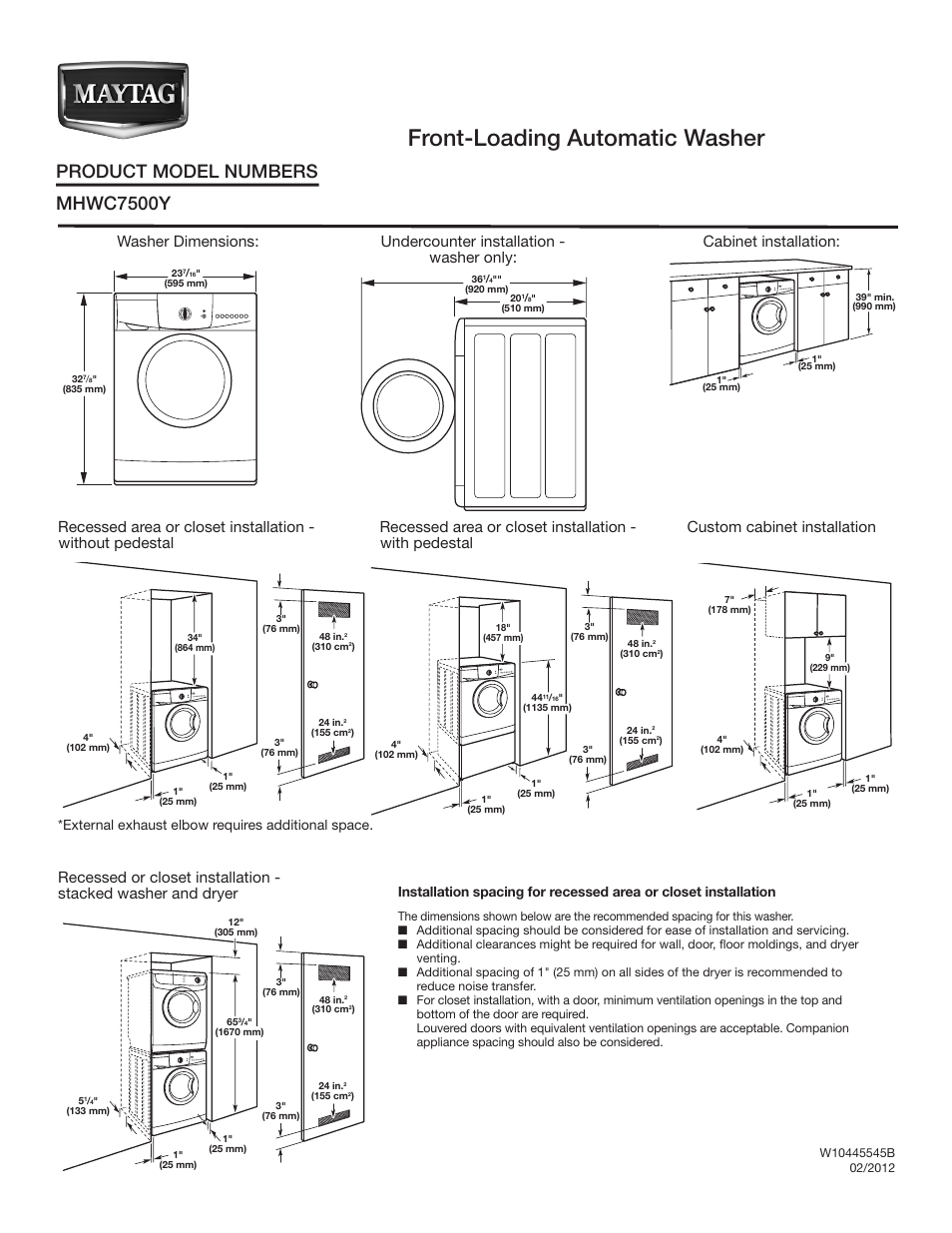 Maytag MHWC7500YW Dimension Guide User Manual | 2 pages