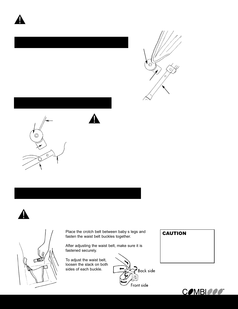Warning, Warnings, Attaching the canopy | Using and adjusting the seat belt, Installing the toy bar | Combi 9100-0 User Manual | Page 2 / 4