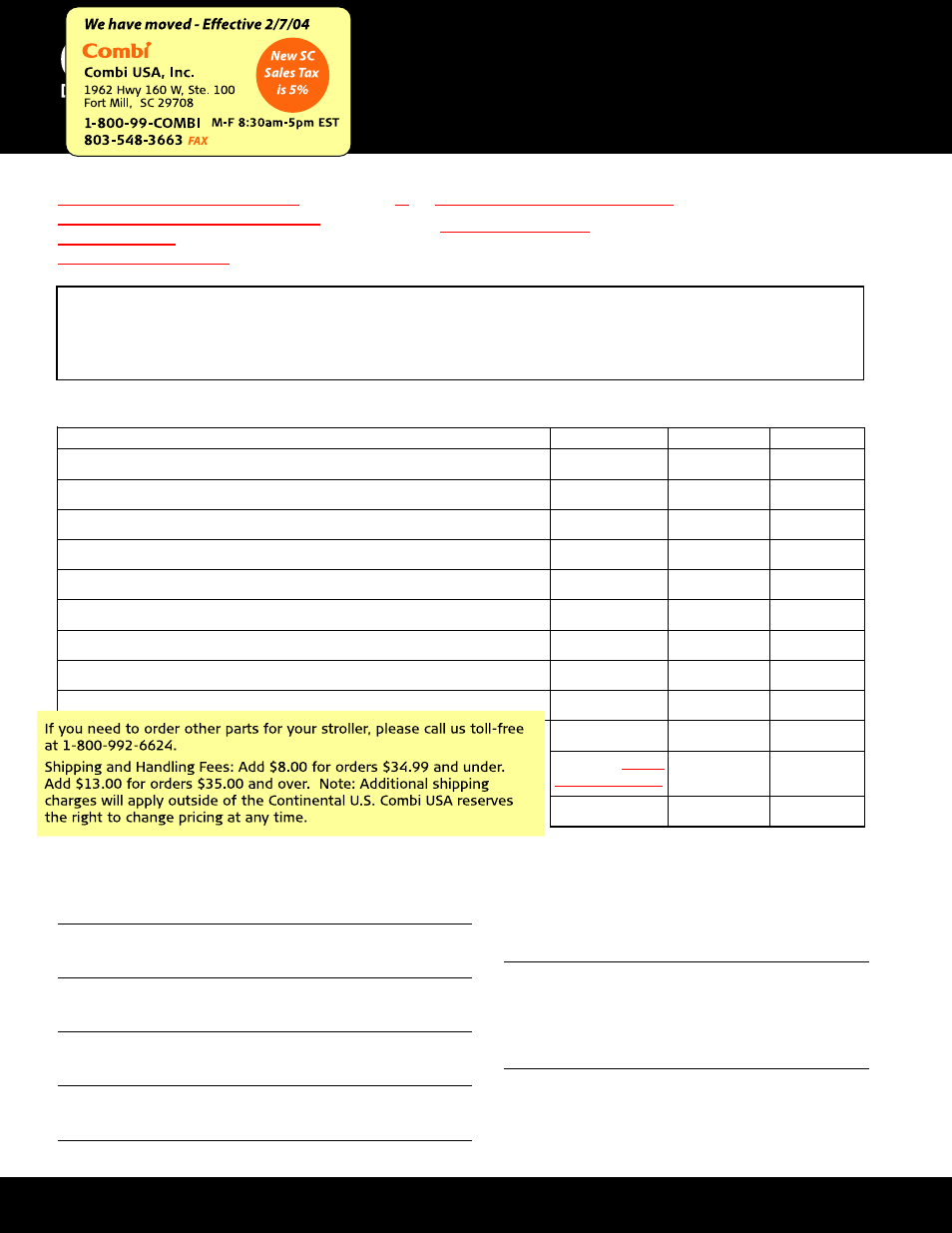 Parts order form, Bouncer, Melody | Combi 9100-0 User Manual | Page 4 / 4