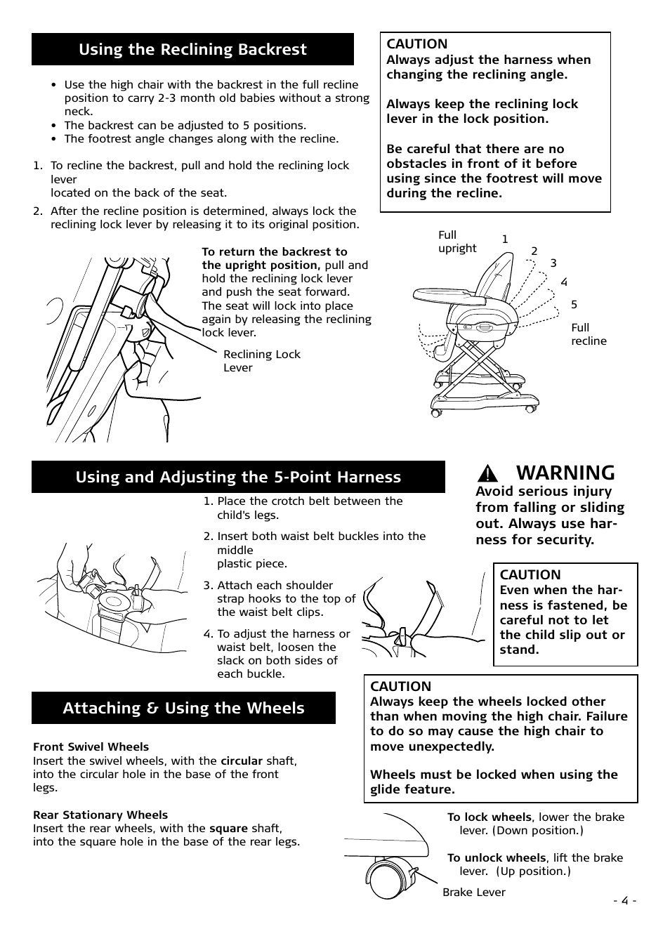 Warning, Using the reclining backrest, Attaching & using the wheels | Using and adjusting the 5-point harness | Combi 9810 User Manual | Page 4 / 8