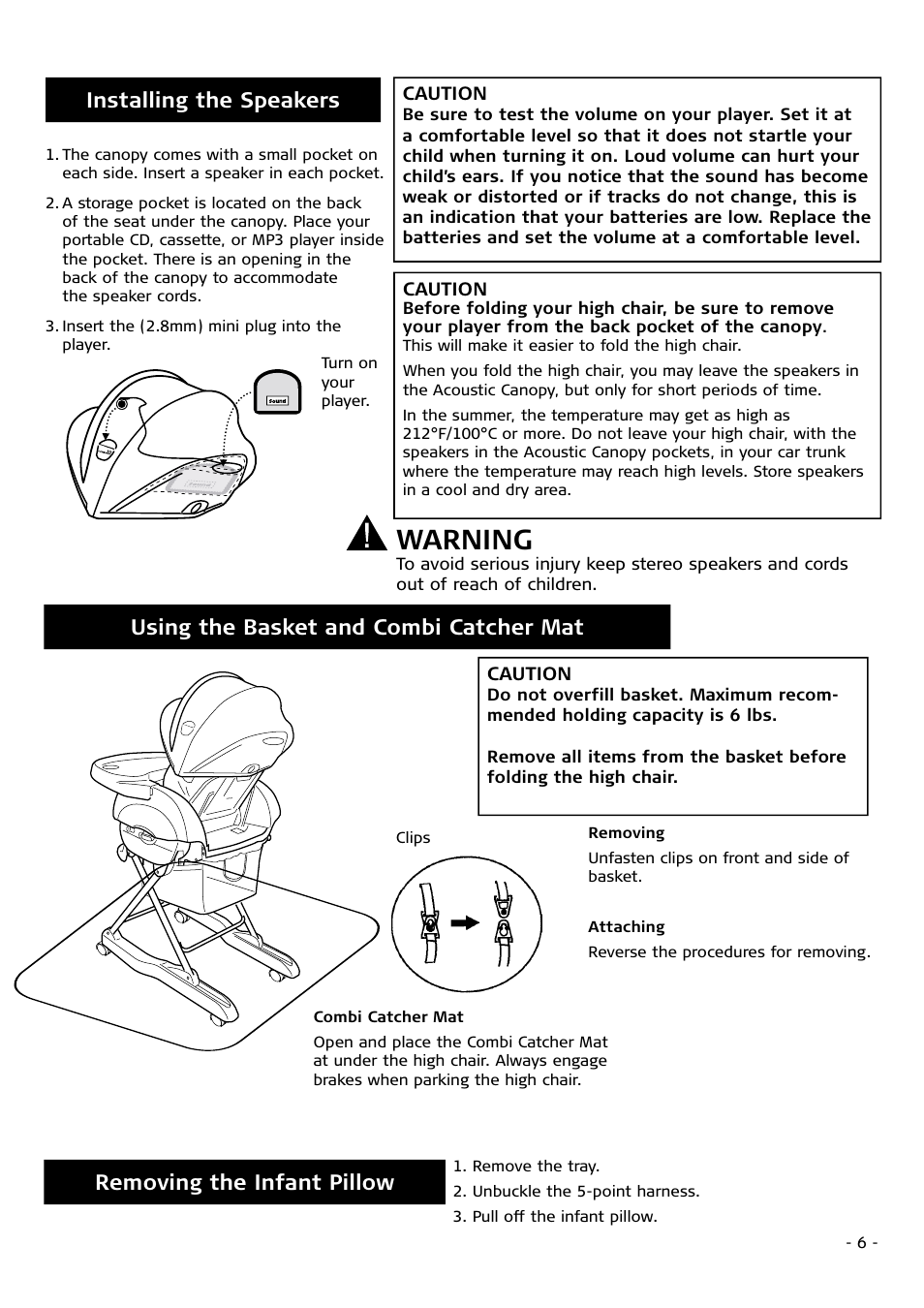 Warning, Using the basket and combi catcher mat, Installing the speakers | Removing the infant pillow | Combi 9810 User Manual | Page 6 / 8