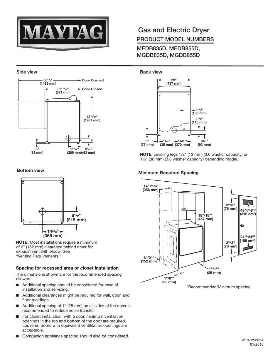 Maytag MGDB855DC Dimension Guide User Manual | 2 pages