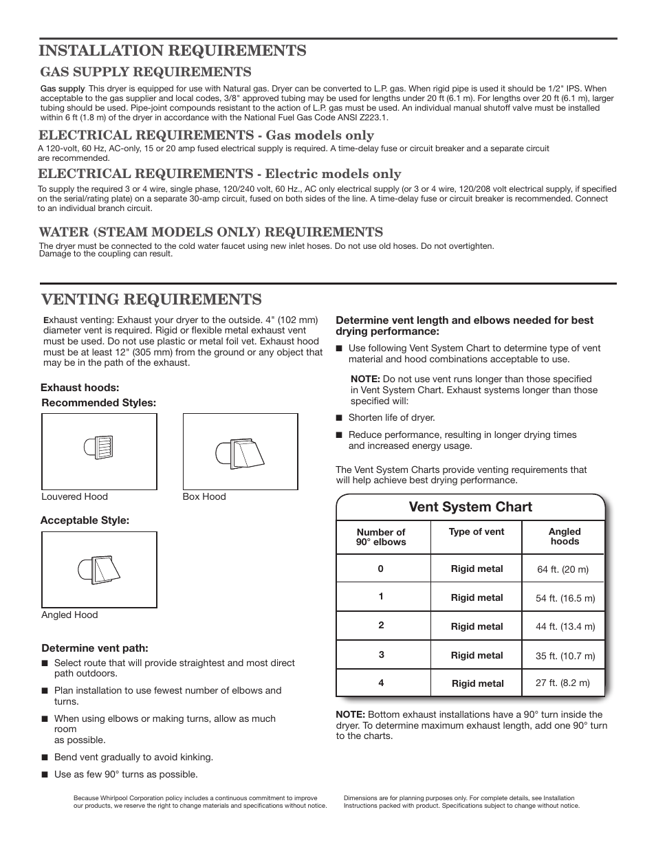 Venting requirements, Installation requirements, Vent system chart | Electrical requirements - gas models only, Gas supply requirements, Water (steam models only) requirements, Electrical requirements - electric models only | Maytag MGDB855DC Dimension Guide User Manual | Page 2 / 2