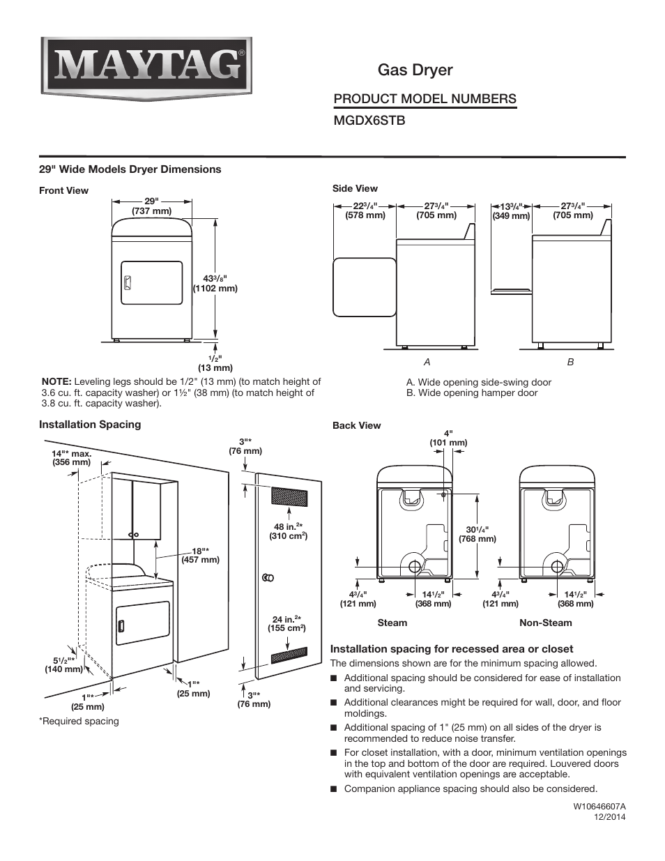 Maytag MGDX6STBW Dimension Guide User Manual | 3 pages