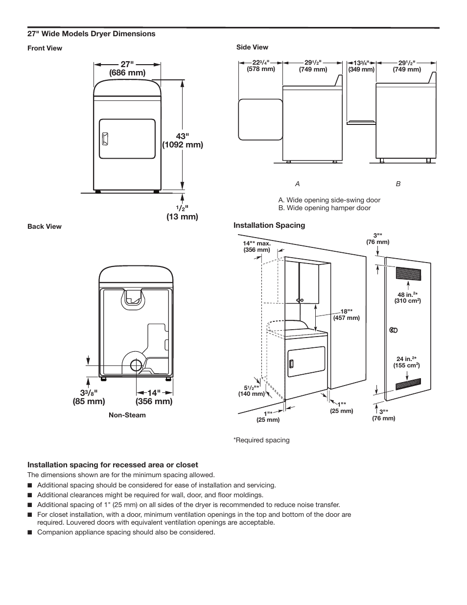 85 mm) | Maytag MGDX6STBW Dimension Guide User Manual | Page 2 / 3