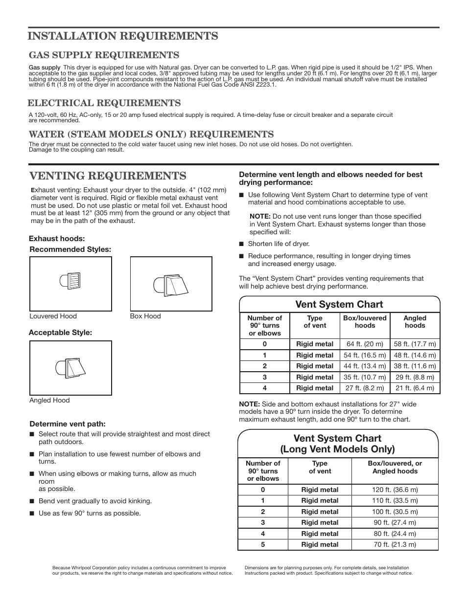 Venting requirements, Installation requirements, Vent system chart | Vent system chart (long vent models only), Electrical requirements, Gas supply requirements, Water (steam models only) requirements | Maytag MGDX6STBW Dimension Guide User Manual | Page 3 / 3