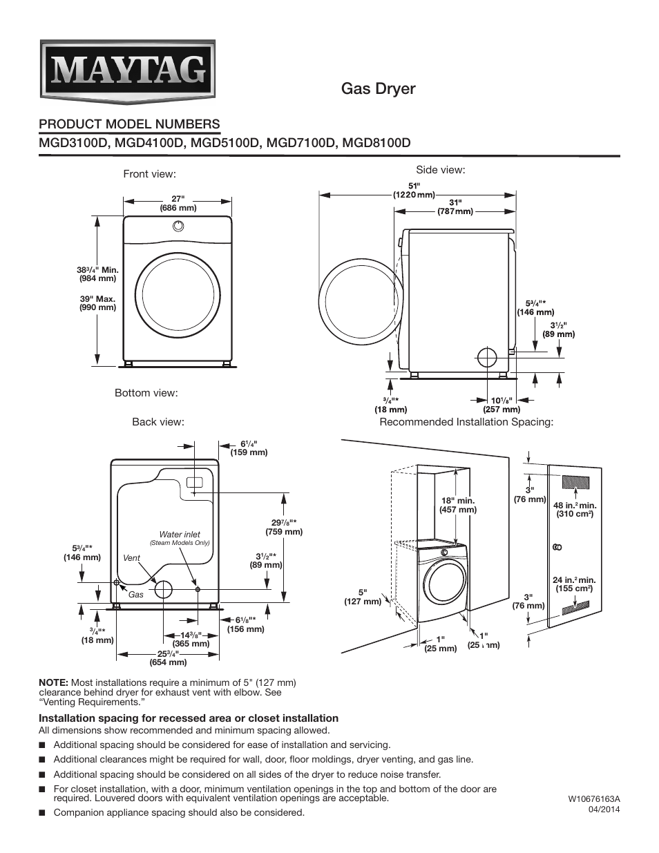 Maytag MGD8100DC Dimension Guide User Manual | 2 pages