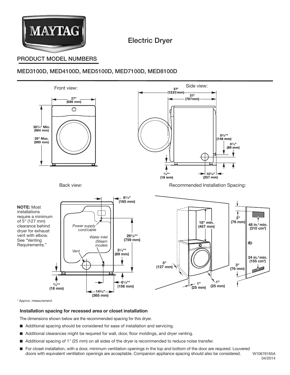 Maytag MED8100DC Dimension Guide User Manual | 2 pages