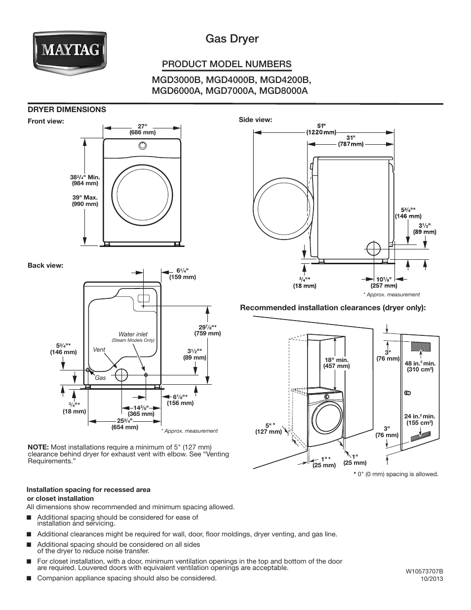 Maytag MGD8000AW Dimension Guide User Manual | 2 pages