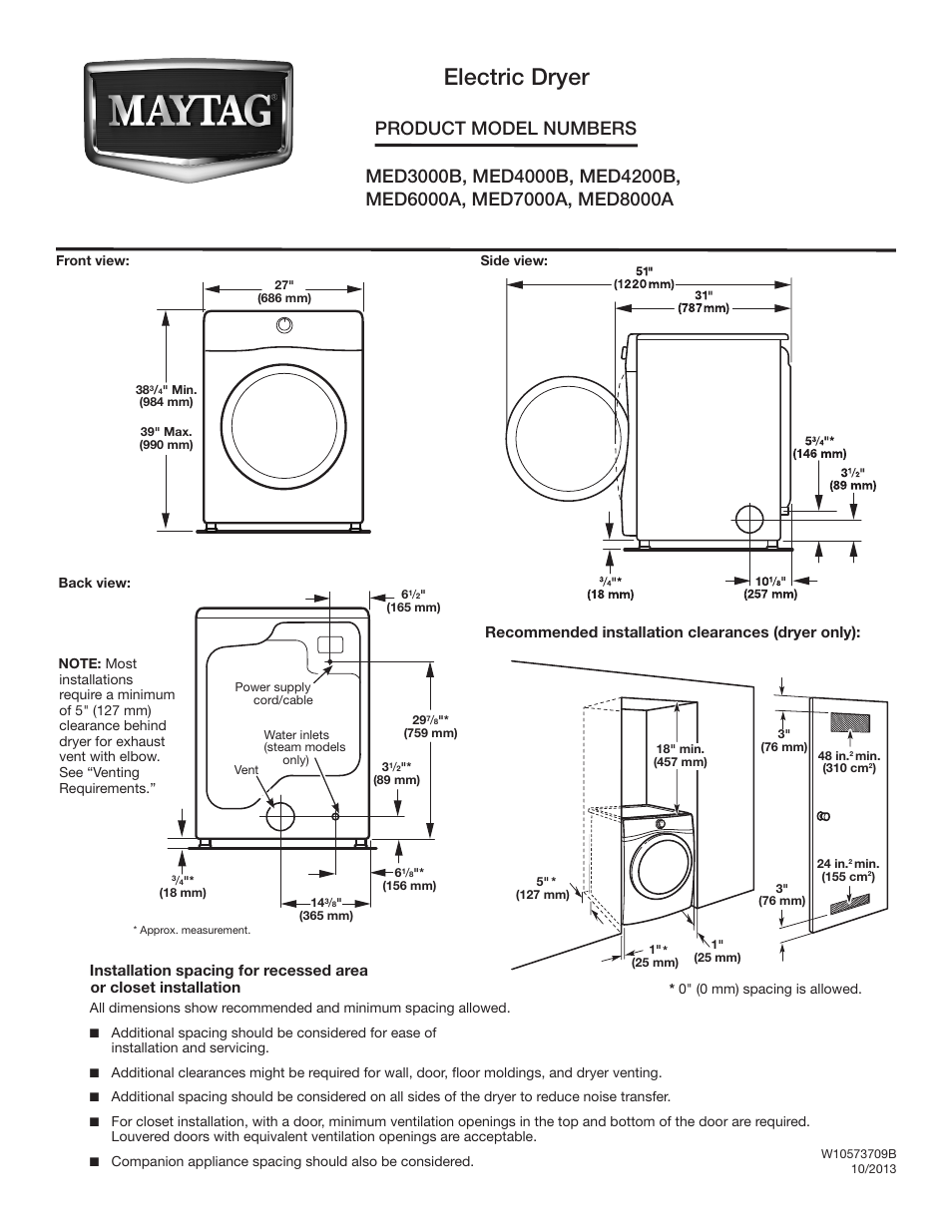 Maytag MED4200BG Dimension Guide User Manual | 2 pages