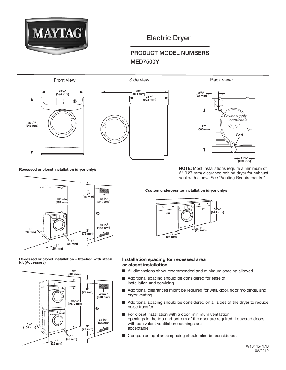 Maytag MED7500YW Dimension Guide User Manual | 2 pages