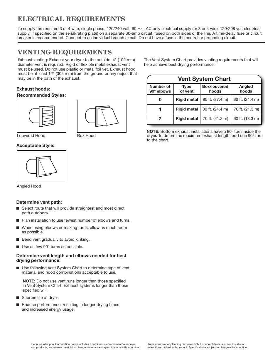 Electrical requirements venting requirements, Vent system chart | Maytag MED7500YW Dimension Guide User Manual | Page 2 / 2