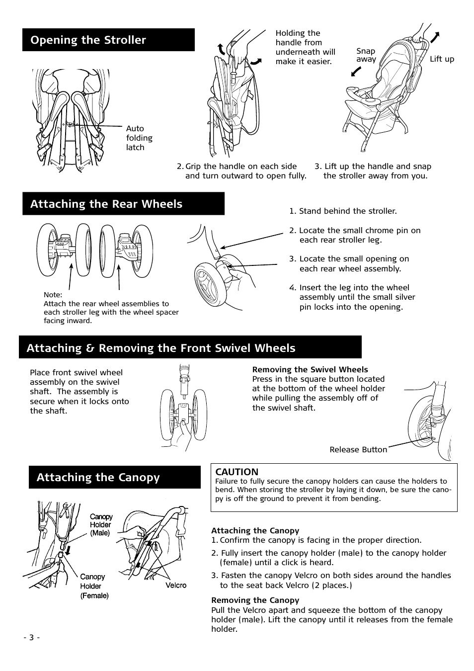 Attaching the canopy, Opening the stroller, Attaching & removing the front swivel wheels | Attaching the rear wheels | Combi 2680 User Manual | Page 3 / 12