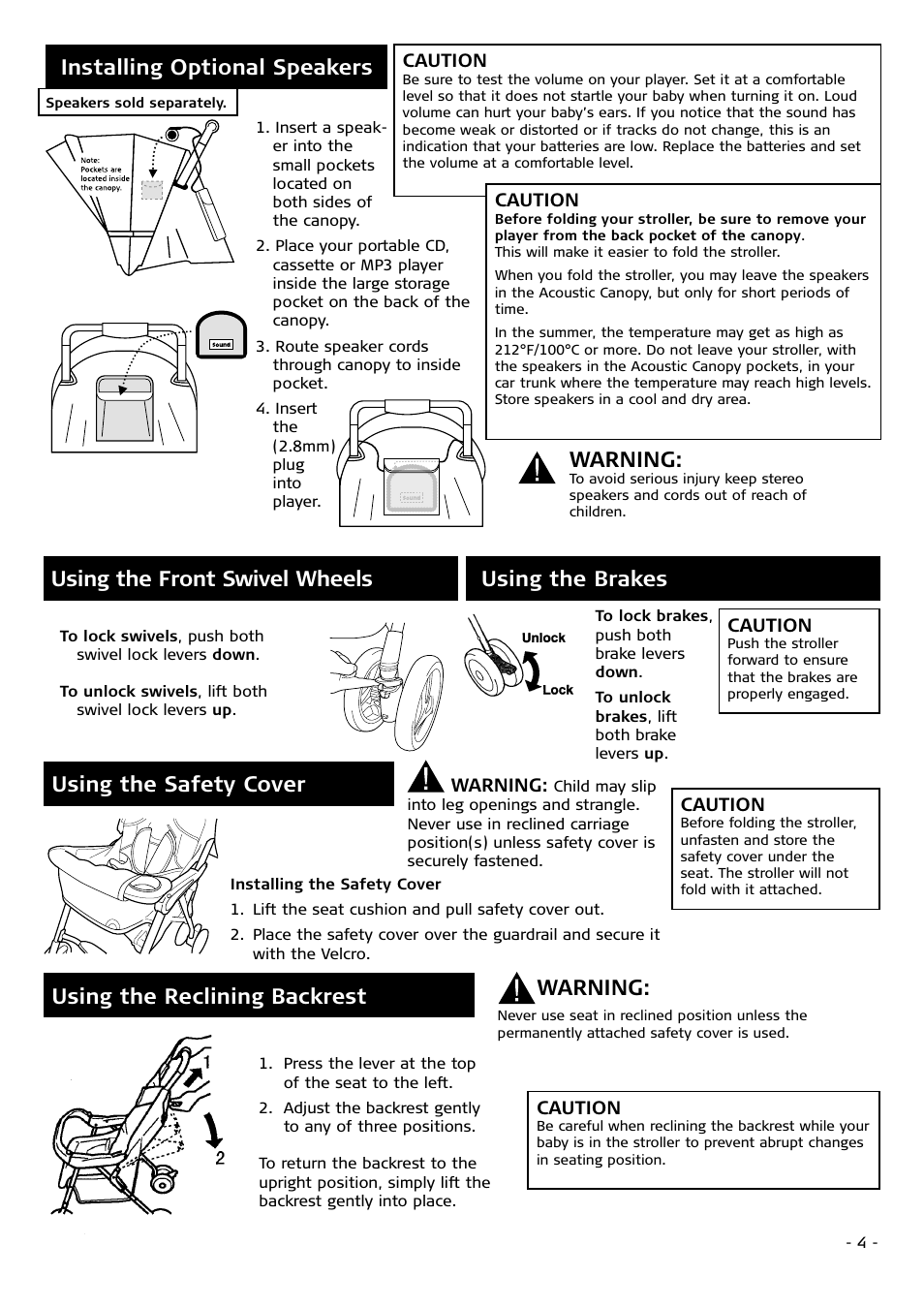 Using the reclining backrest, Using the brakes warning, Using the safety cover | Installing optional speakers warning, Using the front swivel wheels | Combi 2680 User Manual | Page 4 / 12