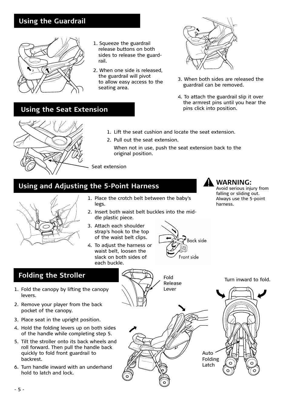 Folding the stroller, Using and adjusting the 5-point harness warning, Using the seat extension | Using the guardrail | Combi 2680 User Manual | Page 5 / 12