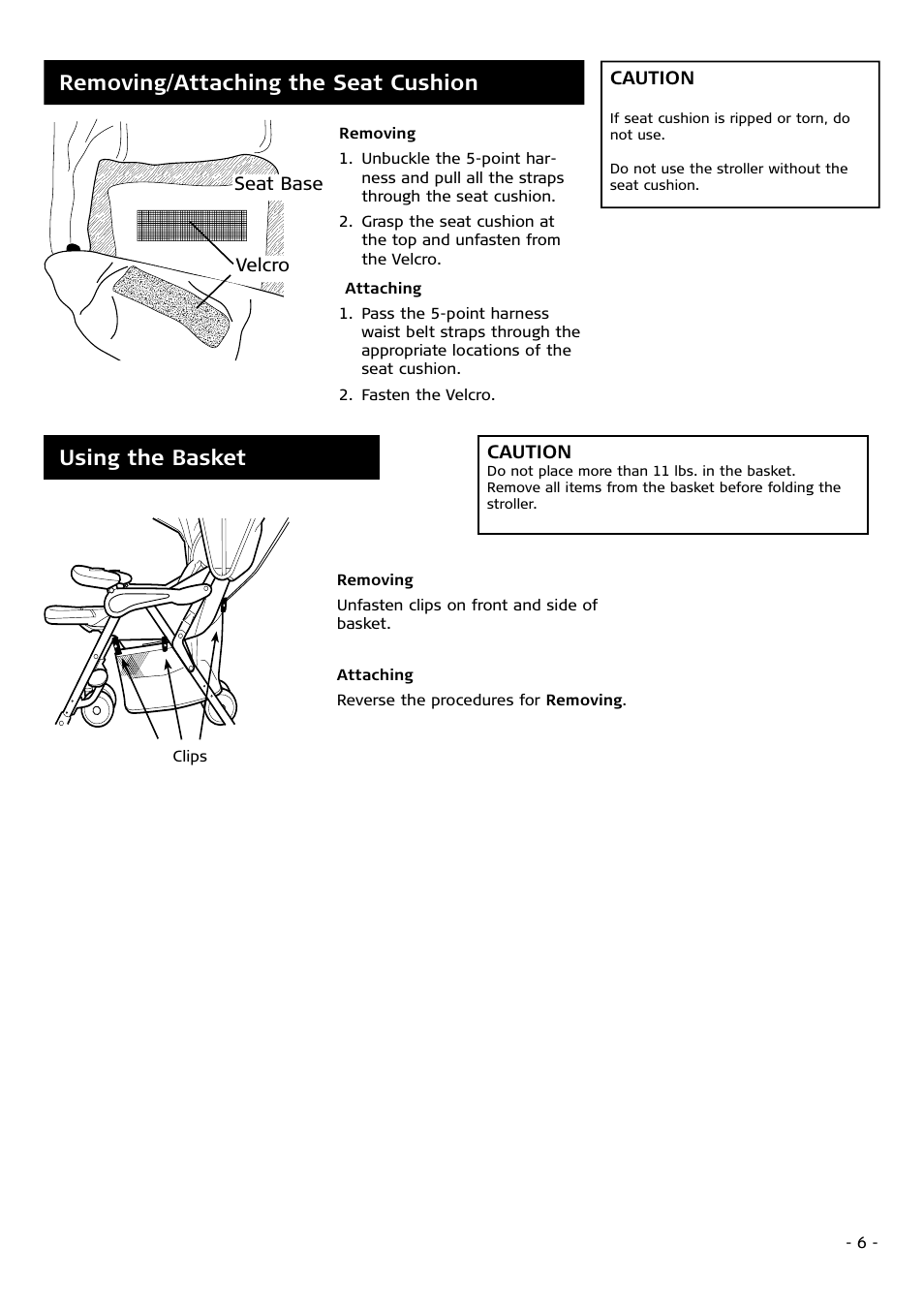 Using the basket, Removing/attaching the seat cushion | Combi 2680 User Manual | Page 6 / 12