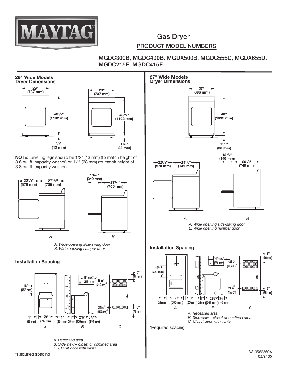 Maytag MGDC415EW Dimension Guide User Manual | 3 pages