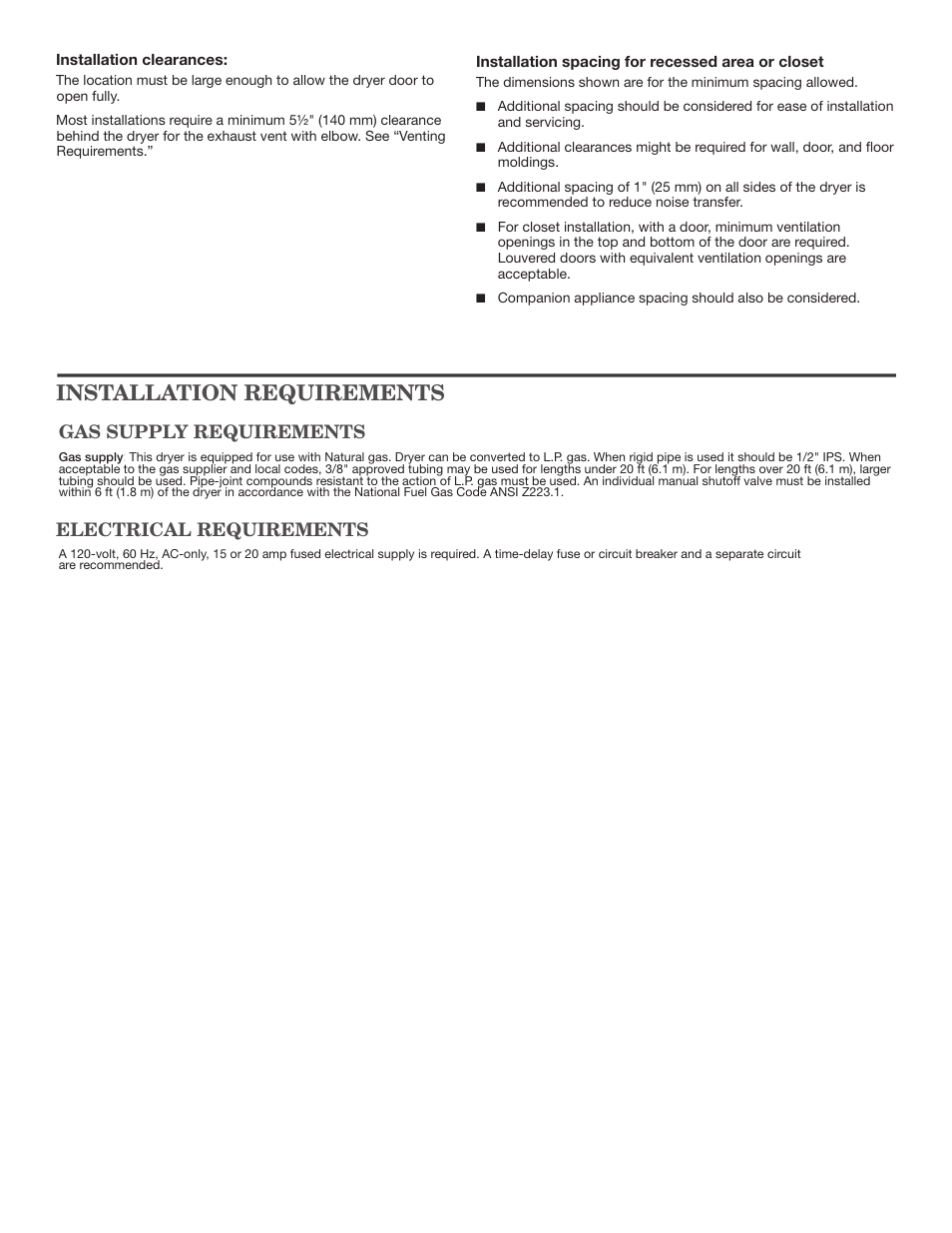 Installation requirements, Electrical requirements, Gas supply requirements | Maytag MGDC415EW Dimension Guide User Manual | Page 2 / 3