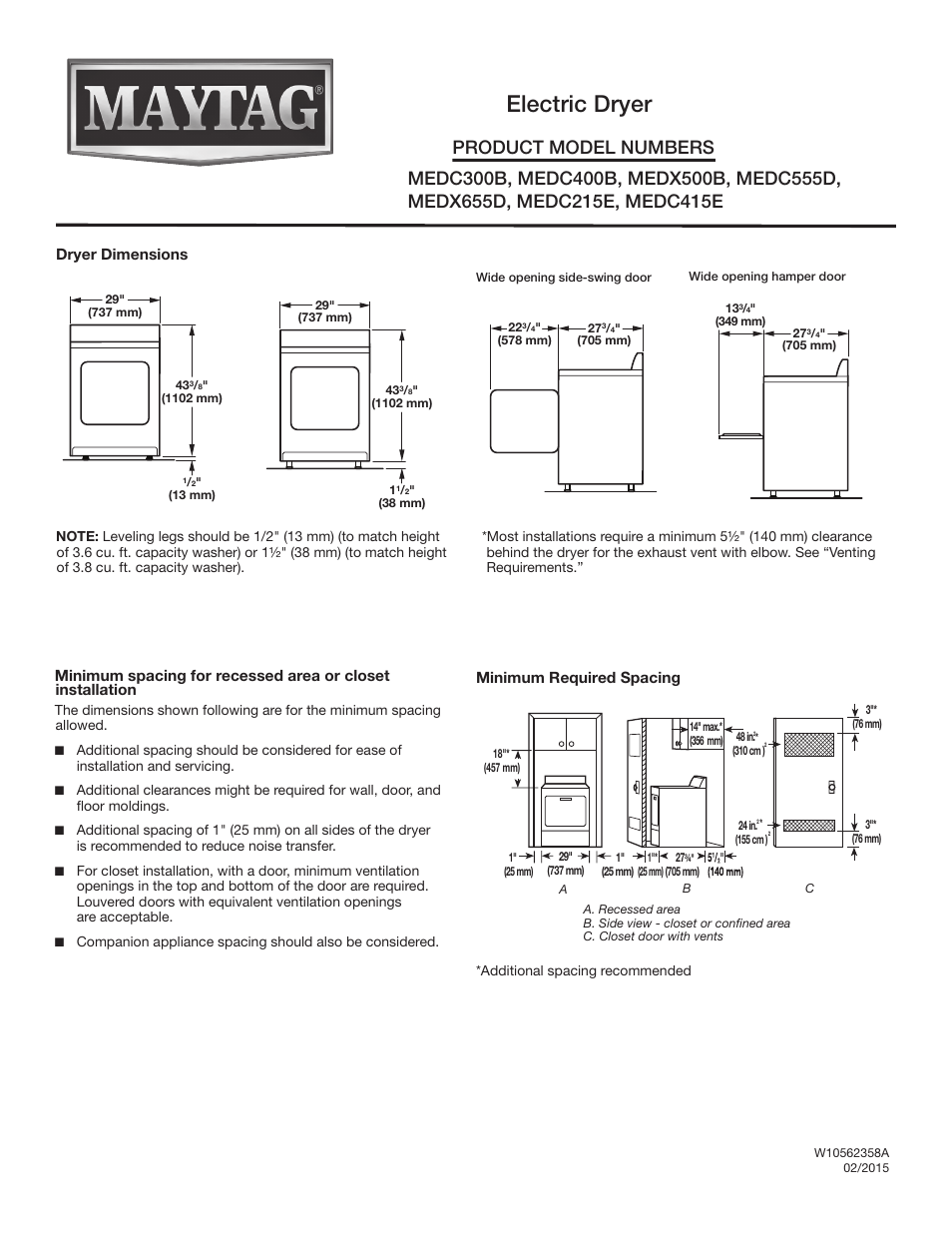 Maytag MEDC215EW Dimension Guide User Manual | 2 pages