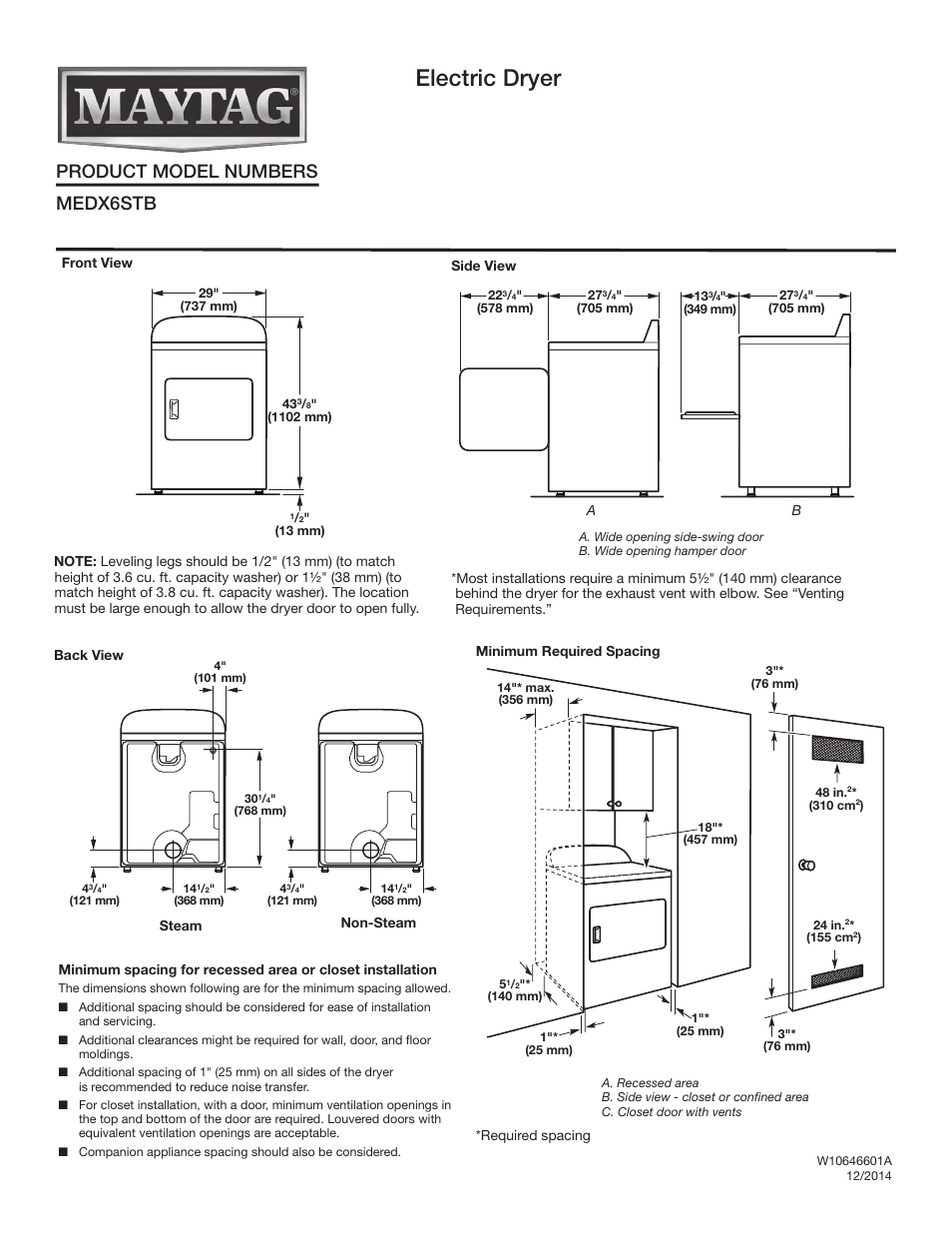 Maytag MEDX6STBW Dimension Guide User Manual | 2 pages