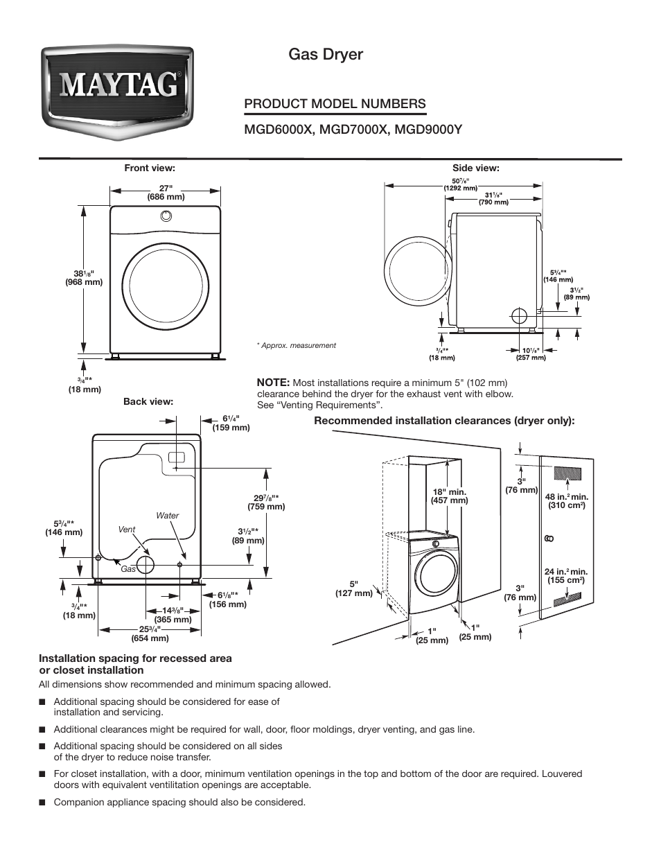 Maytag MGD7000XW Dimension Guide User Manual | 2 pages