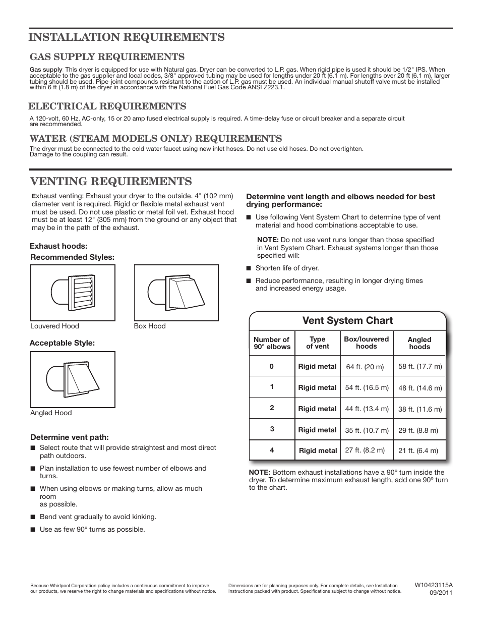 Venting requirements, Installation requirements, Vent system chart | Electrical requirements, Gas supply requirements, Water (steam models only) requirements | Maytag MGD7000XW Dimension Guide User Manual | Page 2 / 2