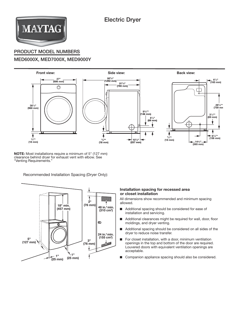Maytag MED7000XW Dimension Guide User Manual | 2 pages