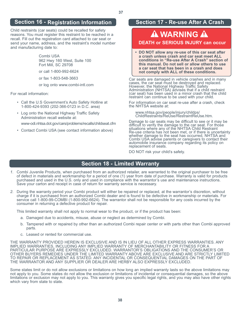 Warning | Combi Victoria 8850 User Manual | Page 20 / 20