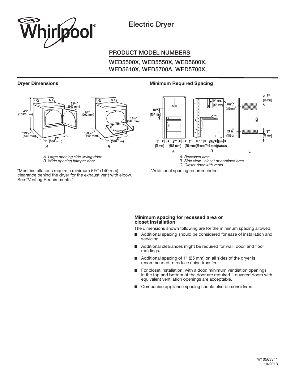 Maytag WED5600XW Dimension Guide User Manual | 2 pages