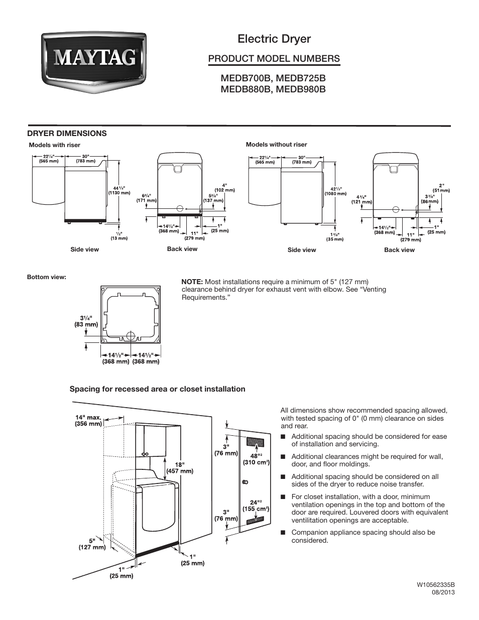Maytag MEDB725BW Dimension Guide User Manual | 2 pages