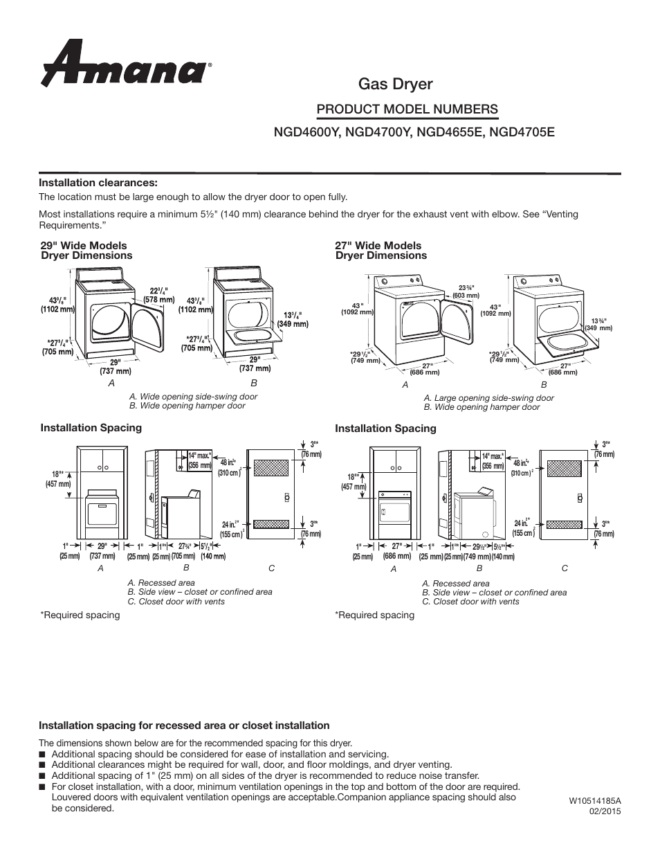 Maytag NGD4700YQ Dimension Guide User Manual | 2 pages