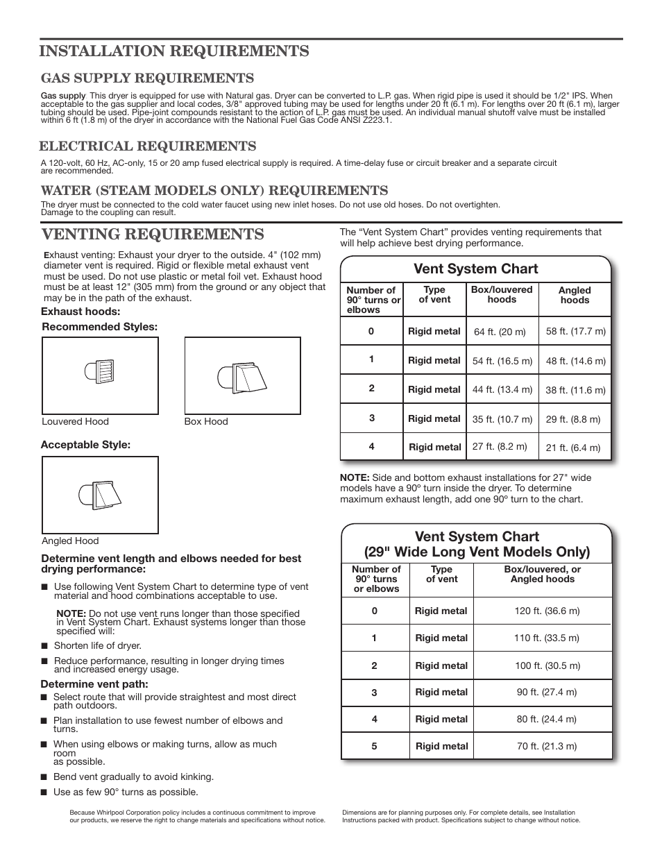 Venting requirements, Installation requirements, Vent system chart | Vent system chart (29" wide long vent models only), Electrical requirements, Gas supply requirements, Water (steam models only) requirements | Maytag NGD4700YQ Dimension Guide User Manual | Page 2 / 2