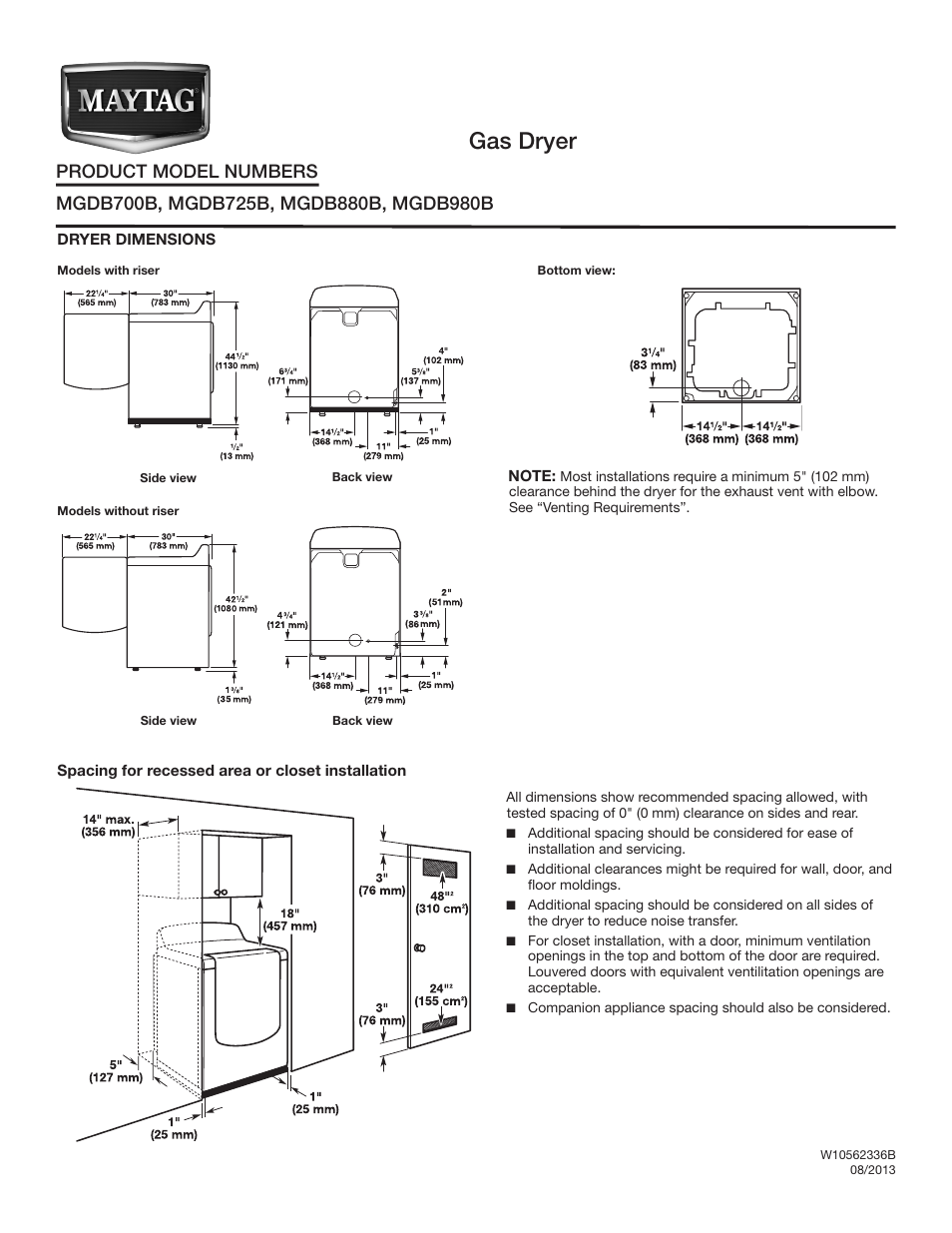 Maytag MGDB880BW Dimension Guide User Manual | 2 pages