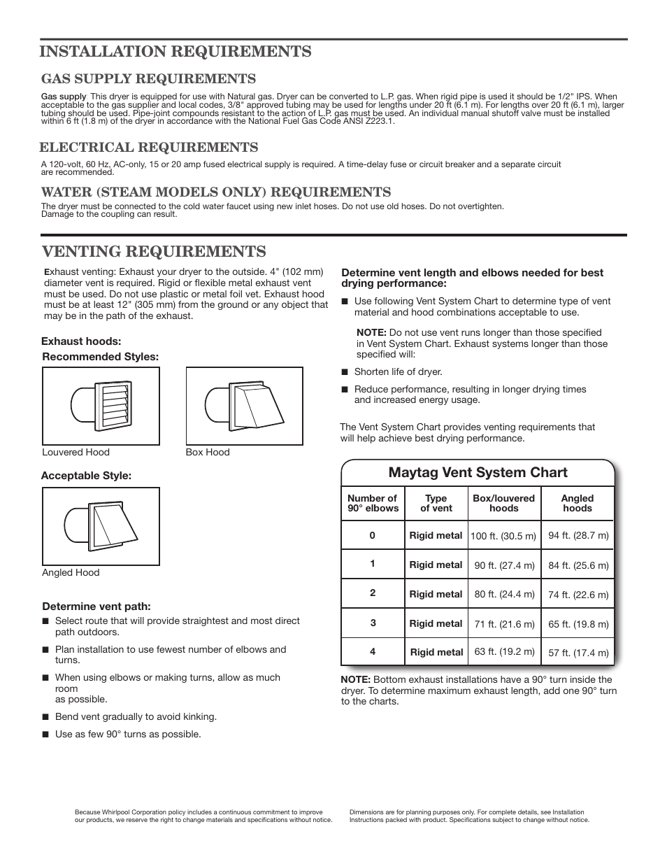 Venting requirements, Installation requirements, Maytag vent system chart | Electrical requirements, Gas supply requirements, Water (steam models only) requirements | Maytag MGDB880BW Dimension Guide User Manual | Page 2 / 2