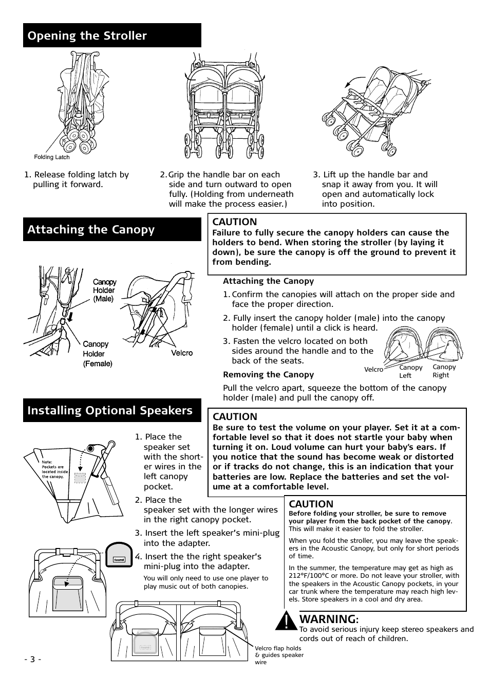 Opening the stroller, Attaching the canopy installing optional speakers, Warning | Combi 7040 Series User Manual | Page 3 / 8