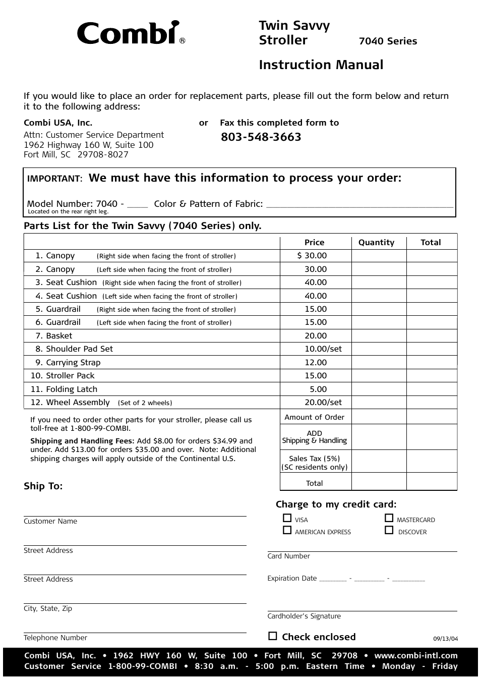 Twin savvy stroller, Instruction manual | Combi 7040 Series User Manual | Page 8 / 8