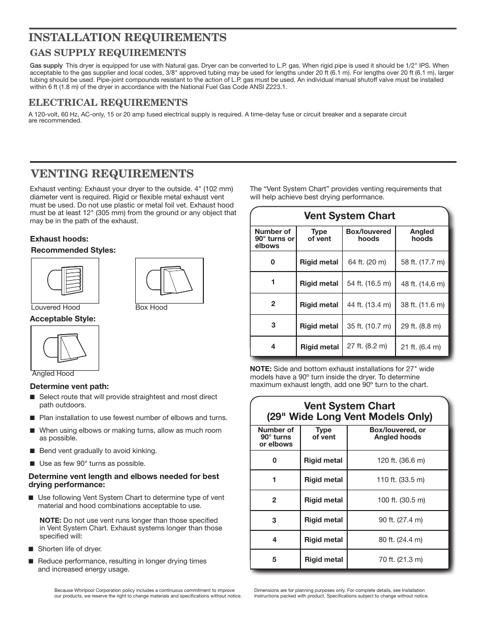 Venting requirements, Installation requirements, Vent system chart | Vent system chart (29" wide long vent models only), Electrical requirements, Gas supply requirements | Maytag WGD4890XQ Dimension Guide User Manual | Page 2 / 2