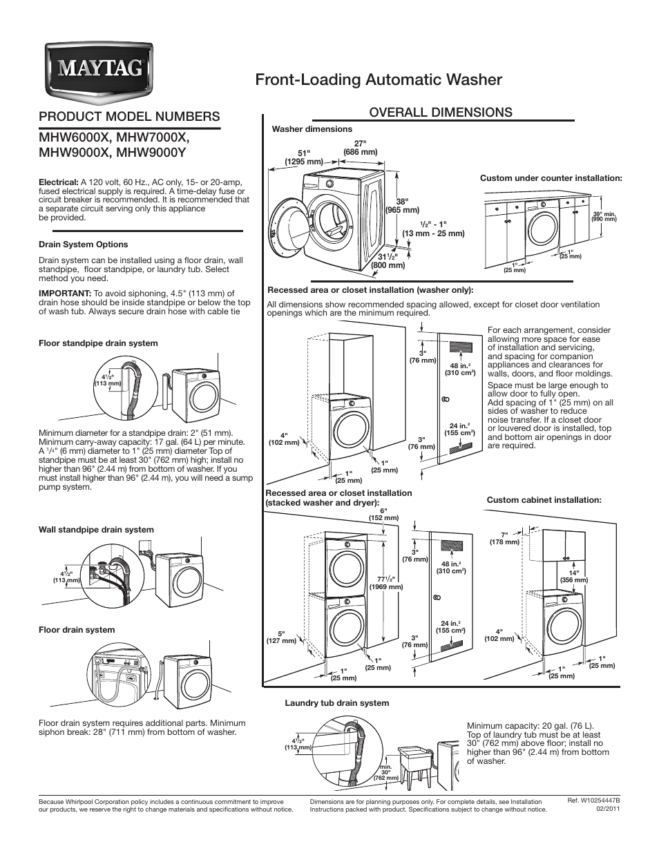 Maytag MHW6000XW Dimension Guide User Manual | 1 page