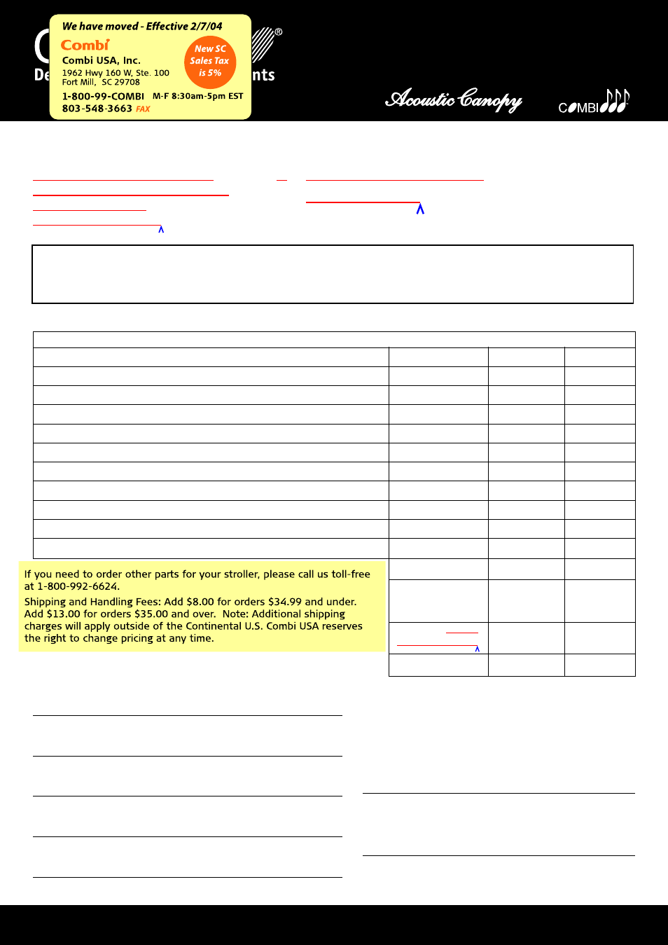 Parts order form, Ultra savvy, 2800 travel system stroller | Combi 2800 User Manual | Page 12 / 12