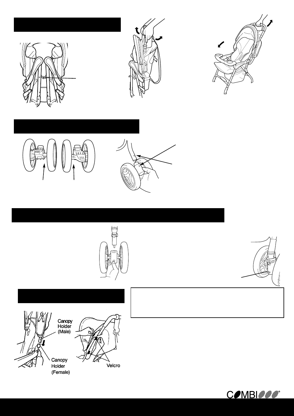 Attaching the canopy, Opening the stroller, Attaching & removing the front swivel wheels | Attaching the rear wheels | Combi 2800 User Manual | Page 3 / 12