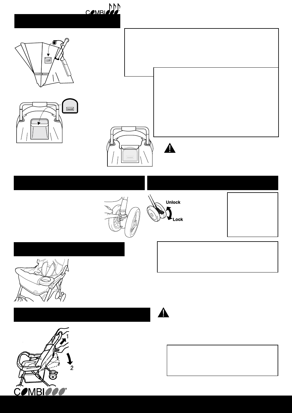 Using the reclining backrest, Using the brakes, Using the safety cover | Installing the speakers, Using the front swivel wheels, Warning | Combi 2800 User Manual | Page 4 / 12