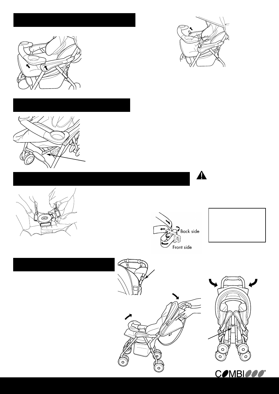 Folding the stroller using the seat extension, Using and adjusting the 5-point harness, Using the guardrail | Warning | Combi 2800 User Manual | Page 5 / 12